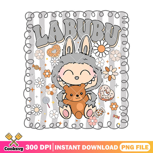 Labubu with bear toy png, labubu grey png, labubu cute png