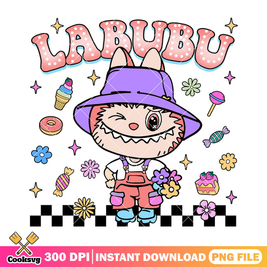 Labubu with beautiful outfit png, labubu hehe png, labubu plush png
