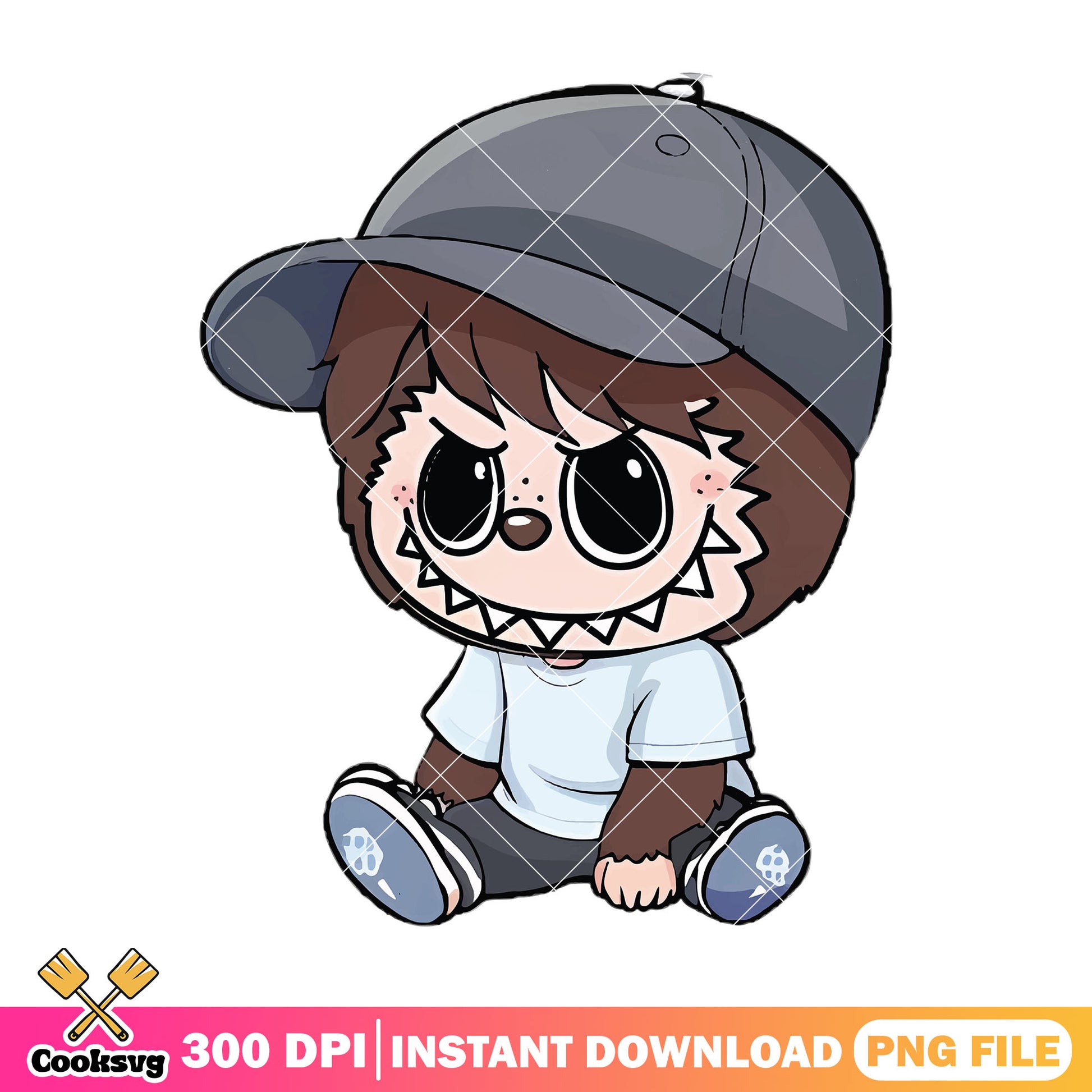 Labubu with big cap png, labubu sitting png, labubu brown png
