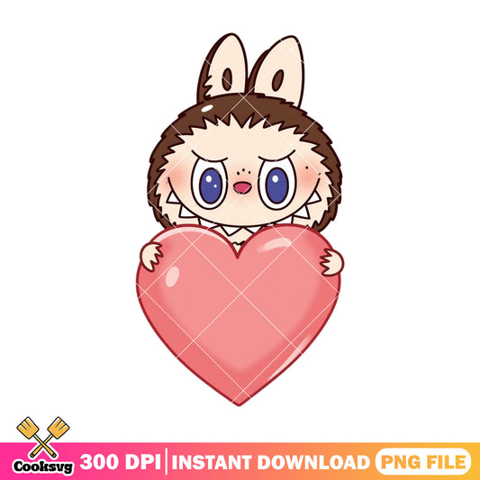 Labubu with big heart png, labubu brown png, labubu happy png