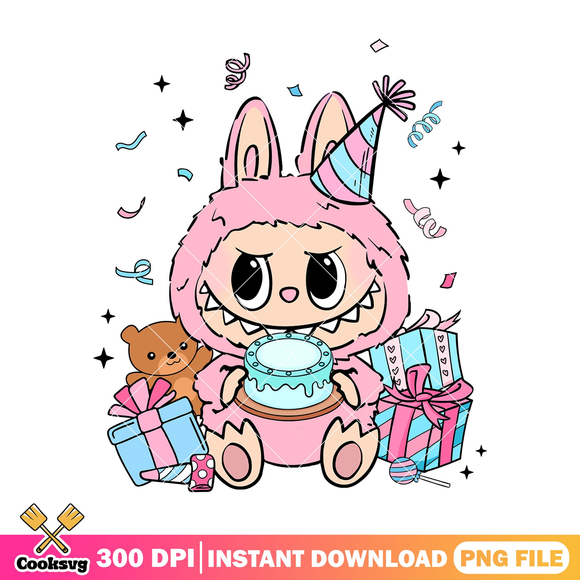 Labubu with birthday present png, labubu sitting png, labubu pink png