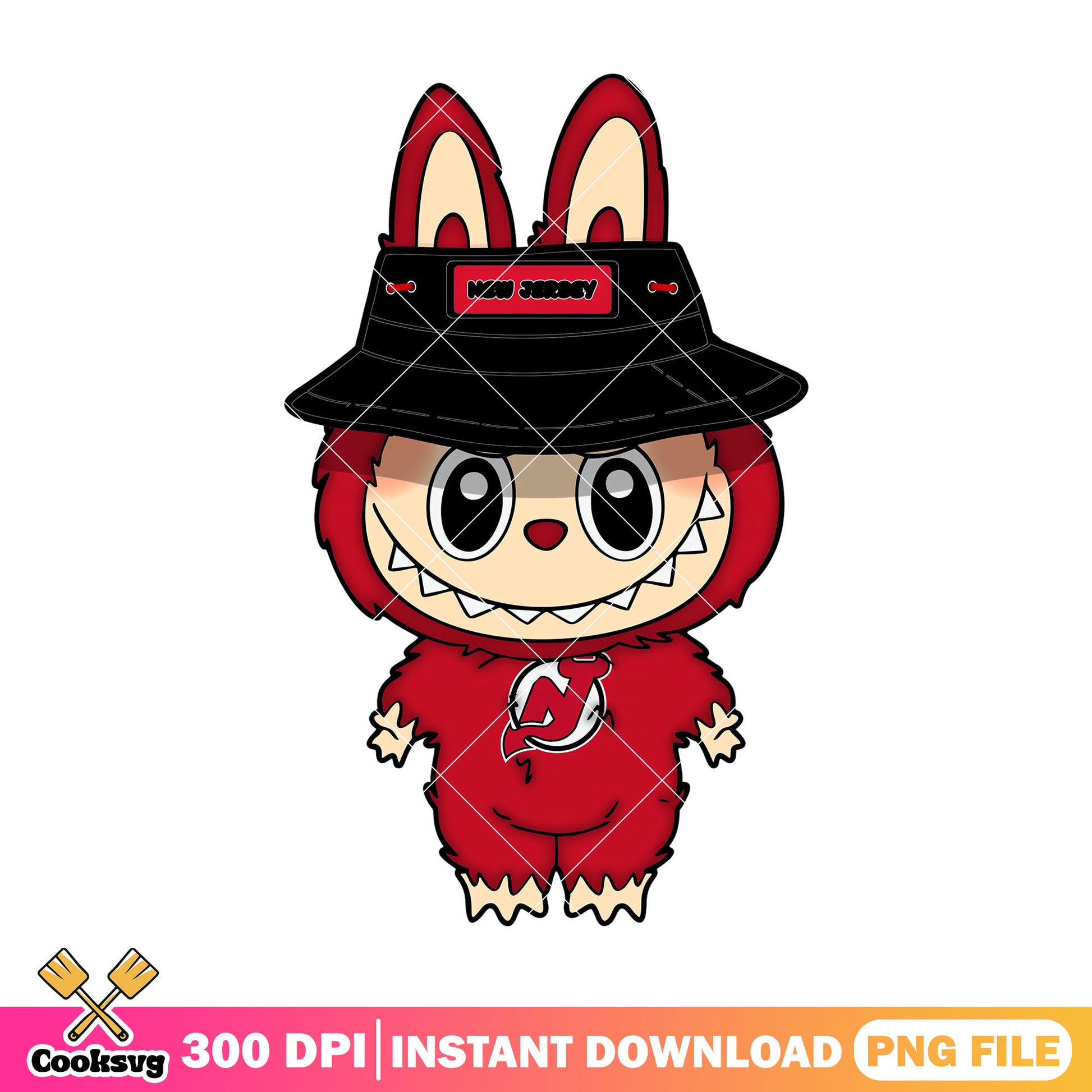 Labubu with black hat png, labubu outfit png, new jersey devils png