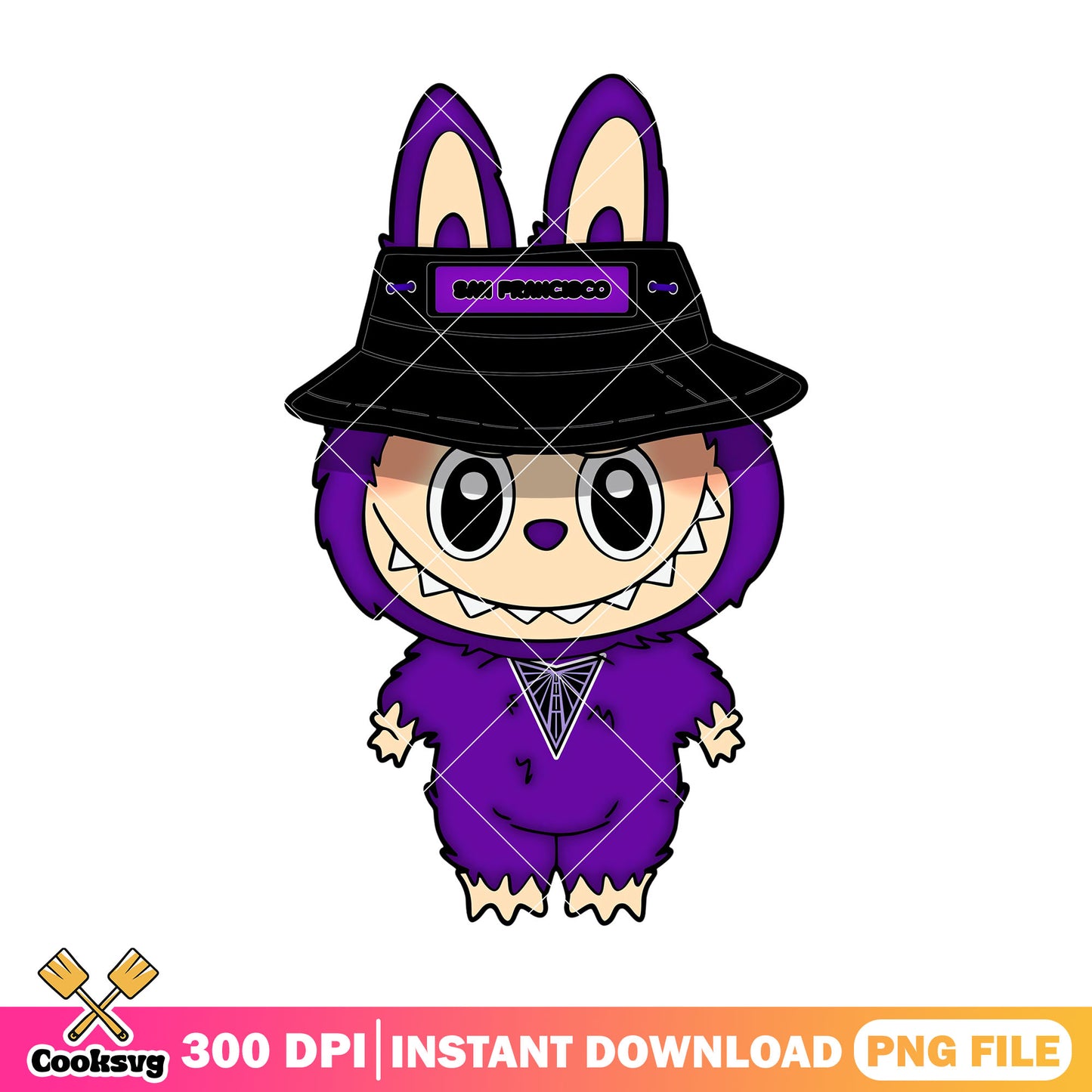 Labubu with black hat png, san francisco png, labubu cute png