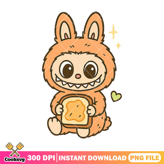 Labubu with bread png, orange labubu png, happy labubu ​png