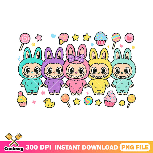 Labubu with cakes and candies png, labubu plush png, labubu friends ​png