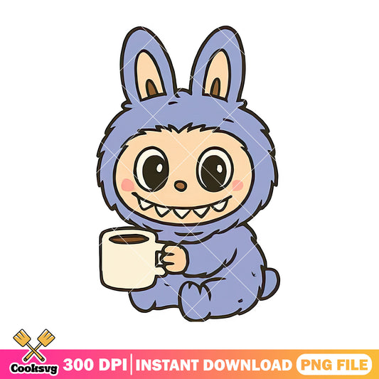 Labubu with coffee cup png, purple labubu png, have a seat labubu​ png
