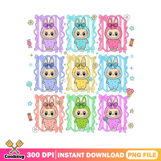 Labubu with colours png, labubu friends png, labubu plush png