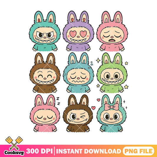 Labubu with different emotions png, cute labubu png, labubu friends ​png