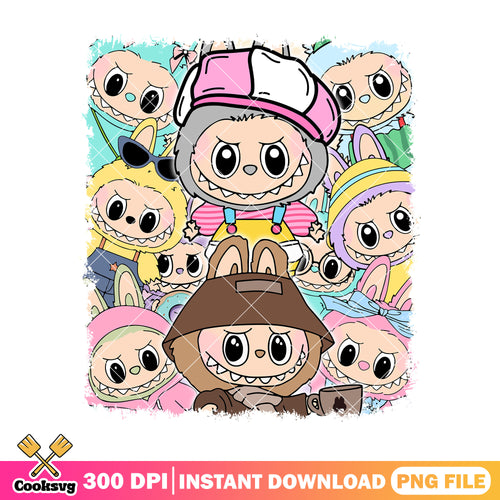 Labubu with different outfits png, labubu friend png, labubu popmart png