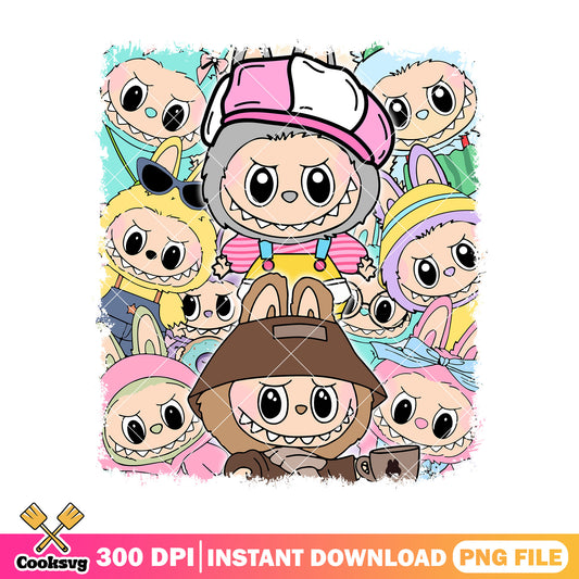Labubu with different outfits png, labubu friend png, labubu popmart png