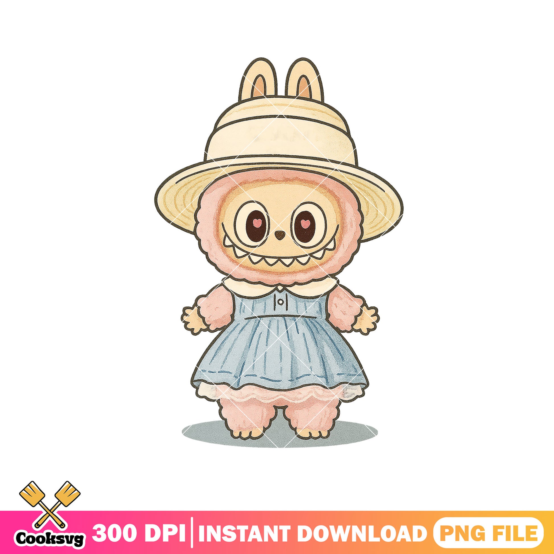 Labubu with dress and hat png, cute doll png, labubu popmart png