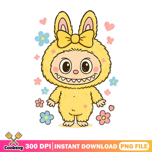Labubu with flowers png, yellow labubu png, labubu cartoon labubu ​png