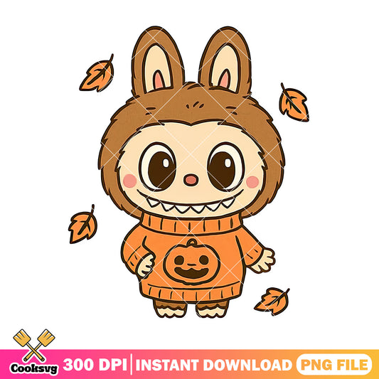 Labubu with halloween sweater png, labubu halloween png, cute labubu ​png