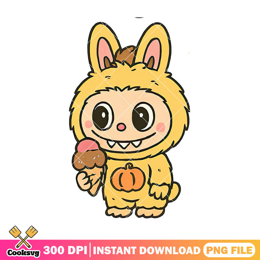 Labubu with ice cream png, labubu plush png, yellow labubu​ png