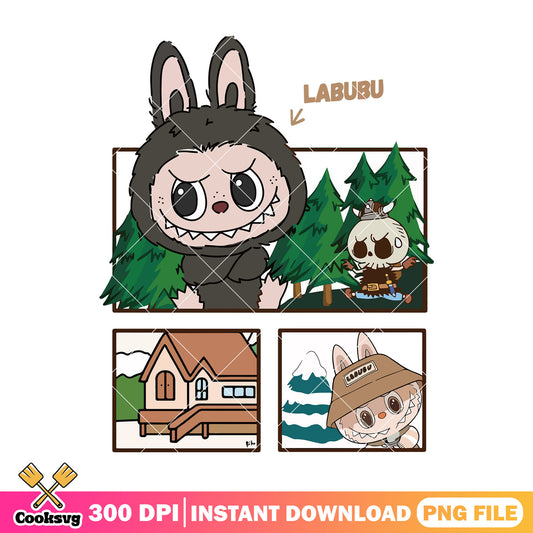 Labubu with nummskull comic png, brown labubu png, labubu happy png
