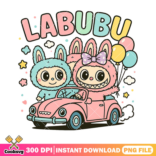 Labubu with pink car png, labubu hehe png, labubu popmart ​png