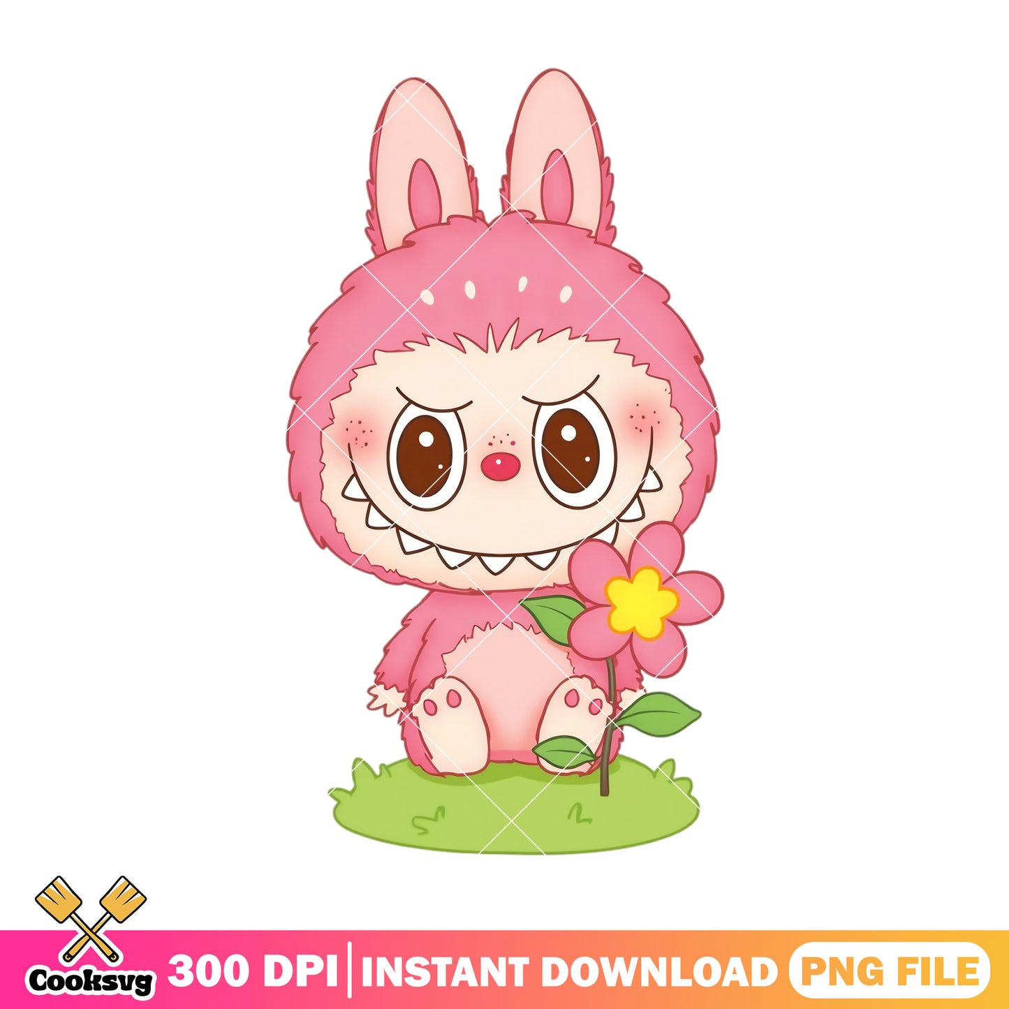 Labubu with pink flower png, labubu pink png, labubu sitting png