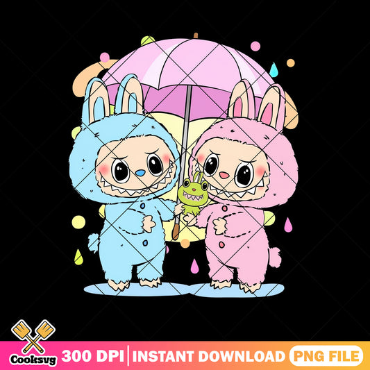 Labubu with pink umbrella png, plush labubu​ png, labubu clothes​ png