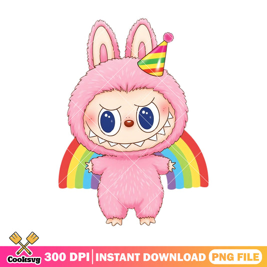 Labubu with rainbow png, labubu hehe png, labubu pink png