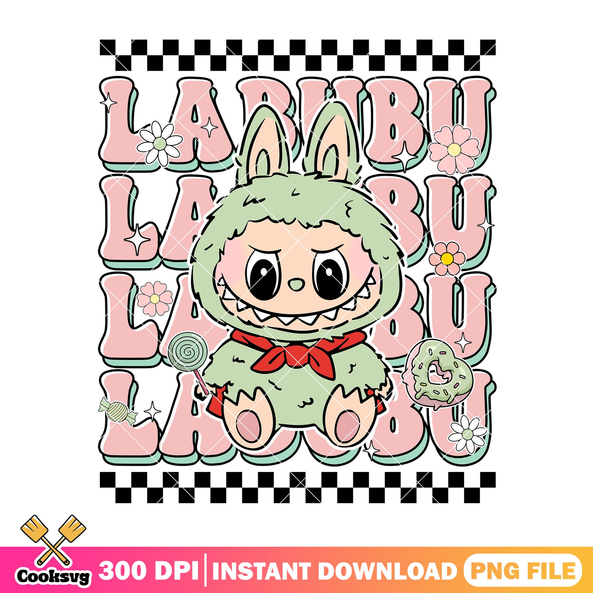 Labubu with red scarf png, labubu sitting png, labubu green png