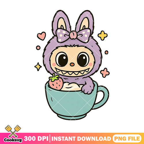 Labubu with strawberry in a cup png, purple labubu png, cute labubu png
