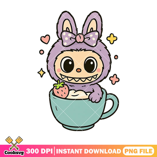 Labubu with strawberry in a cup png, purple labubu png, cute labubu ​png