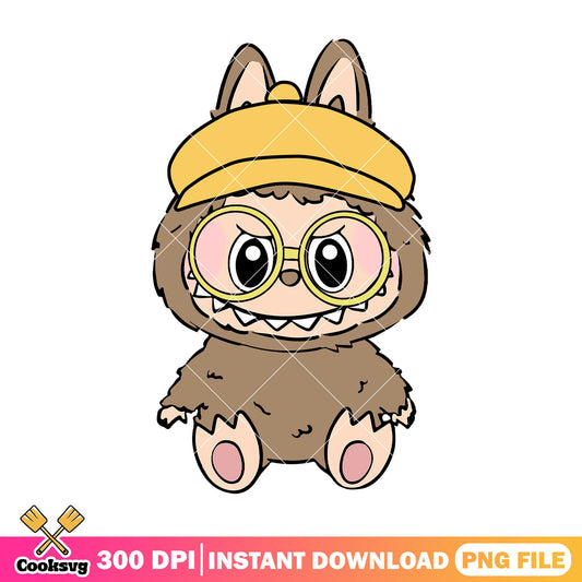 Labubu with yellow hat png, brown labubu​ png, labubu sitting ​png