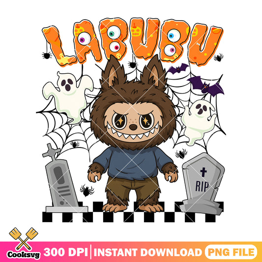 Labubu wolfman halloween png, halloween wolf png, cute labubu png