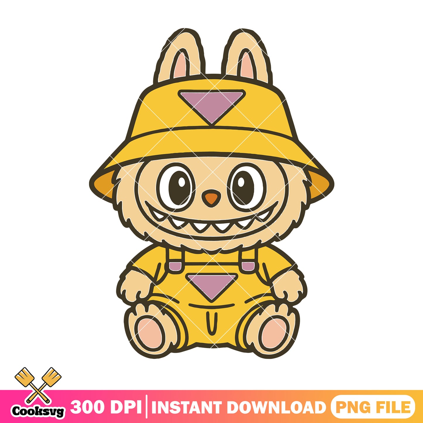 Labubu yellow pink overalls png, labubu baby png, cute labubu png
