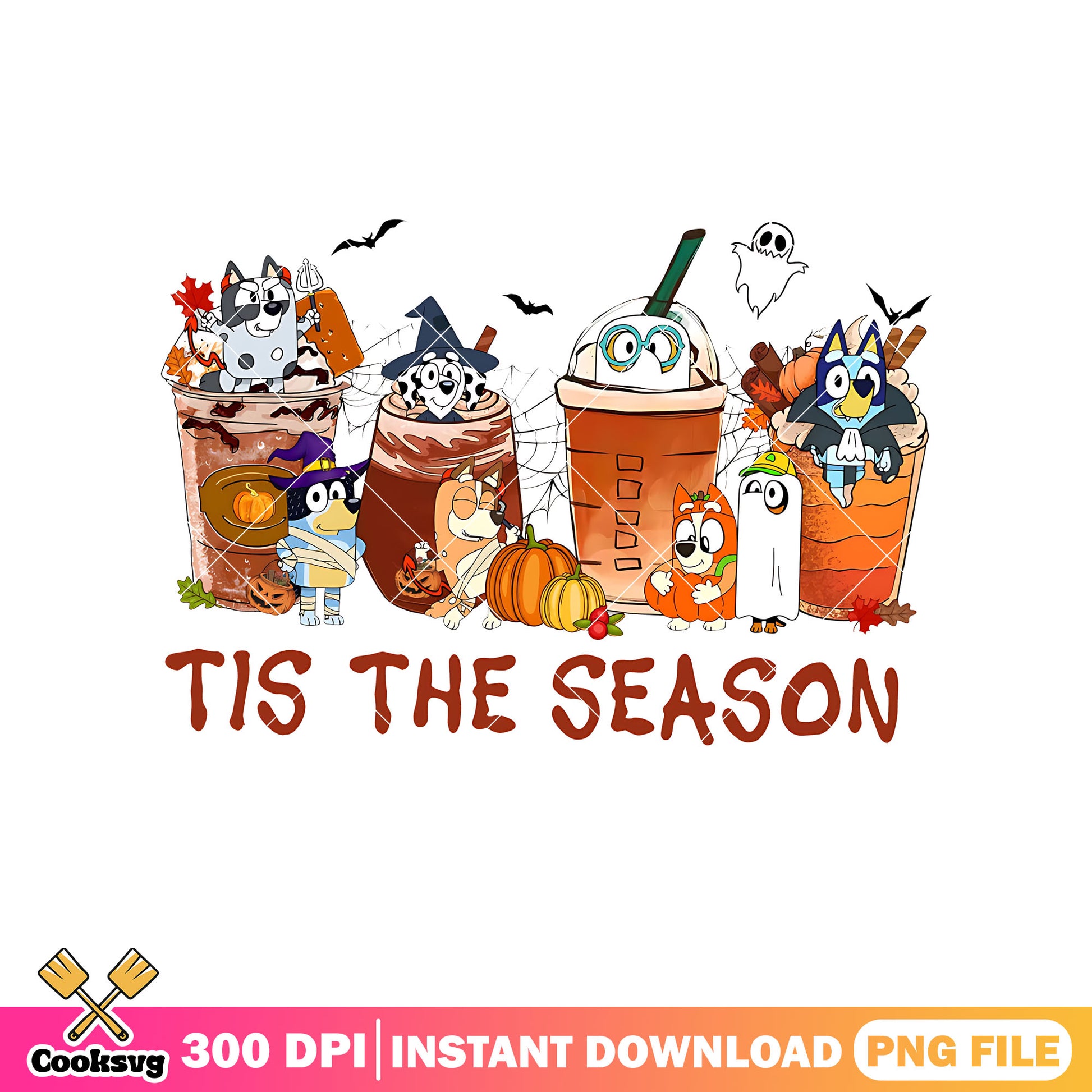 Latte coffee bluey tis the season png, halloween decor​ png, cartoon bluey png