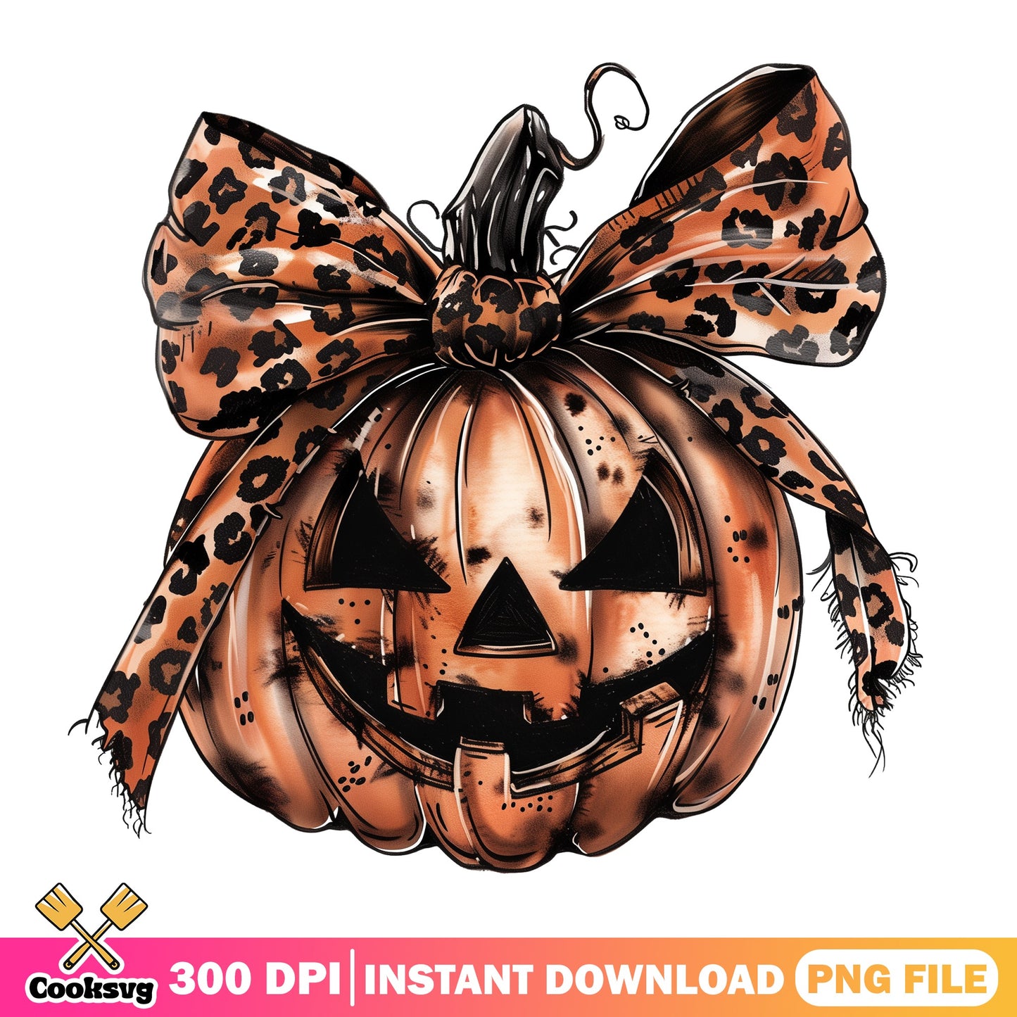 Leopard Bow Pumpkin Halloween PNG, Jack O Lantern PNG, Halloween PNG