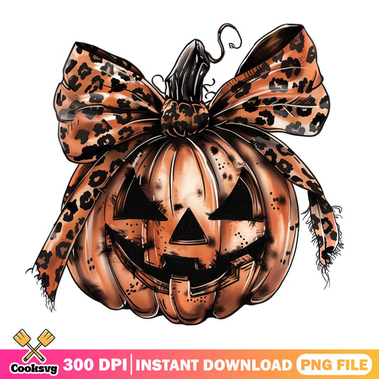 Leopard Bow Pumpkin Halloween PNG, Jack O Lantern PNG, Halloween PNG