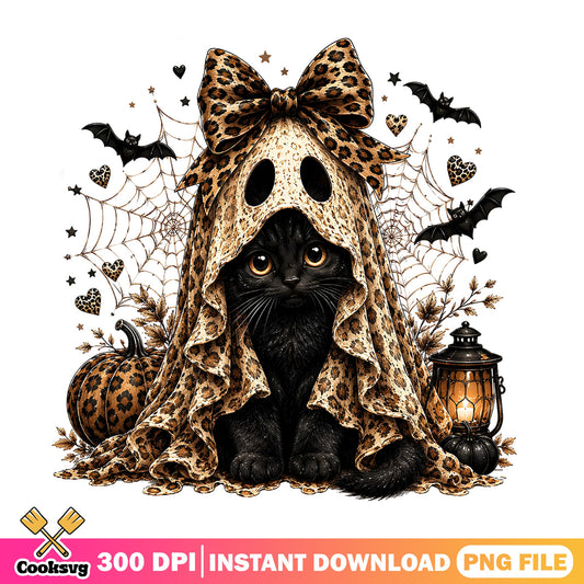Leopard Ghost Cat Halloween PNG, Black Cat Coquette PNG, Halloween PNG