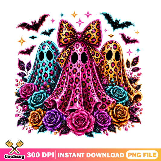 Leopard Ghost Coquette Bow Halloween PNG, Floral Ghost PNG, Halloween PNG