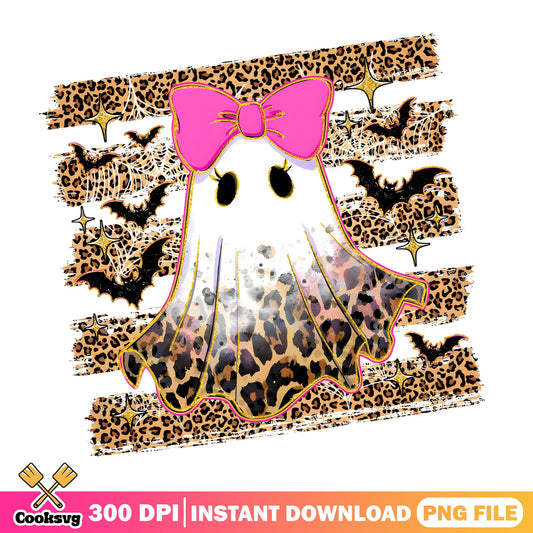 Leopard Ghost Halloween PNG, Cute Ghost Pink Bow PNG, Spooky PNG