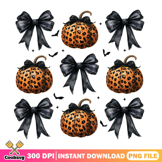Leopard Pumpkin Black Bow Halloween PNG, Coquette Halloween PNG, Fall PNG