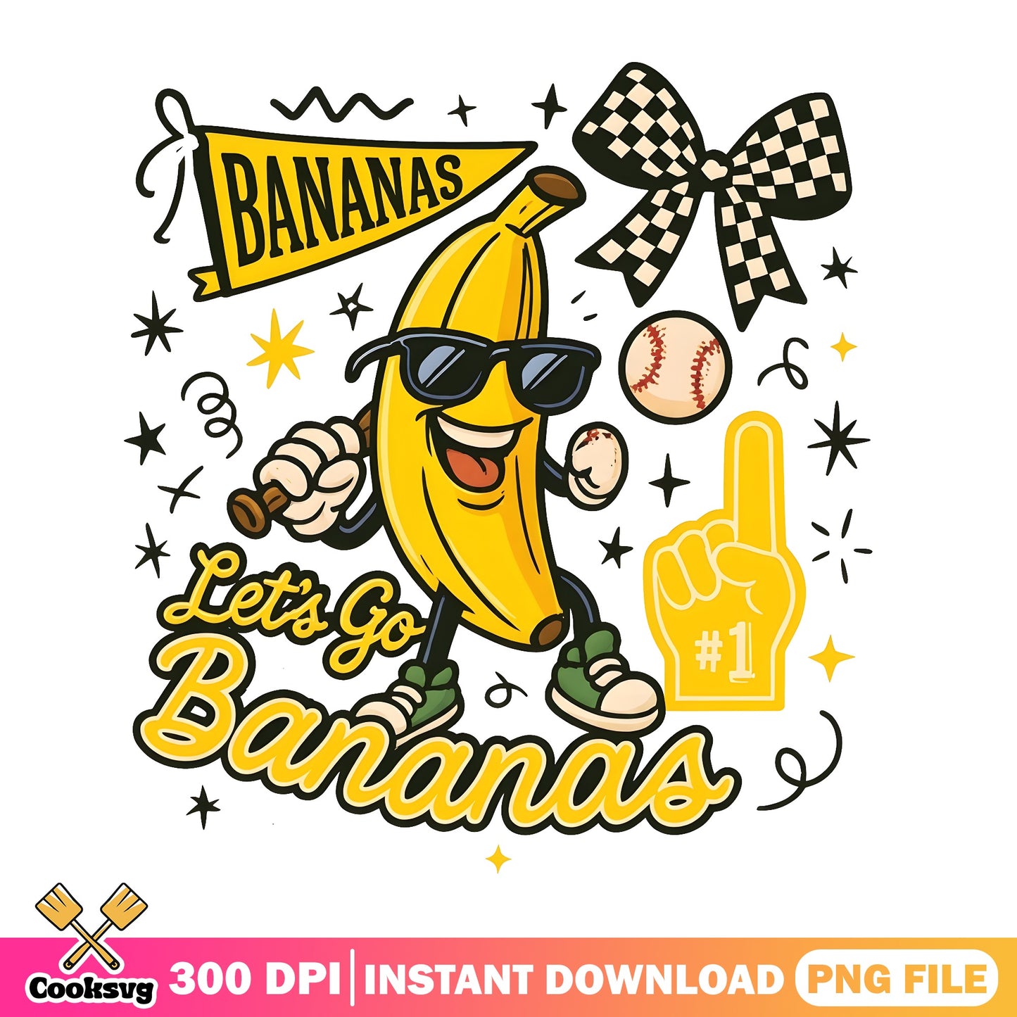 Lets Go Bananas Baseball PNG, Funny Banana Mascot PNG, Baseball PNG