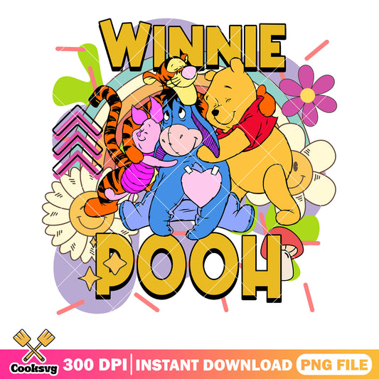 Lineup cast character Winnie Pooh png, rainbow png, classic cartoon png
