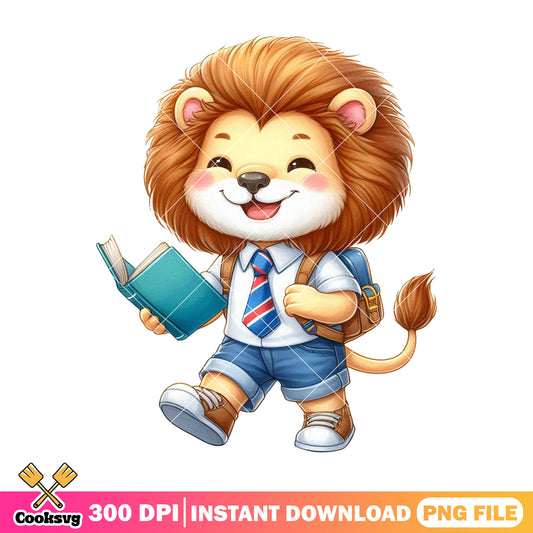 Lion chibi reading png, lion standing png, back to school outfit png