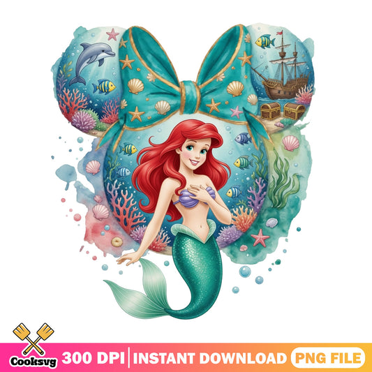 Little Mermaid Ariel Minnie Ears PNG, Disney Princess PNG, Ariel PNG