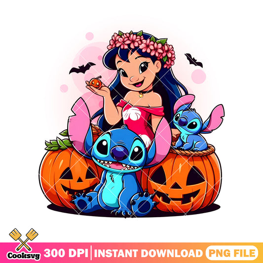 Lola and stitch png, wicker pumpkin png, disney halloween png
