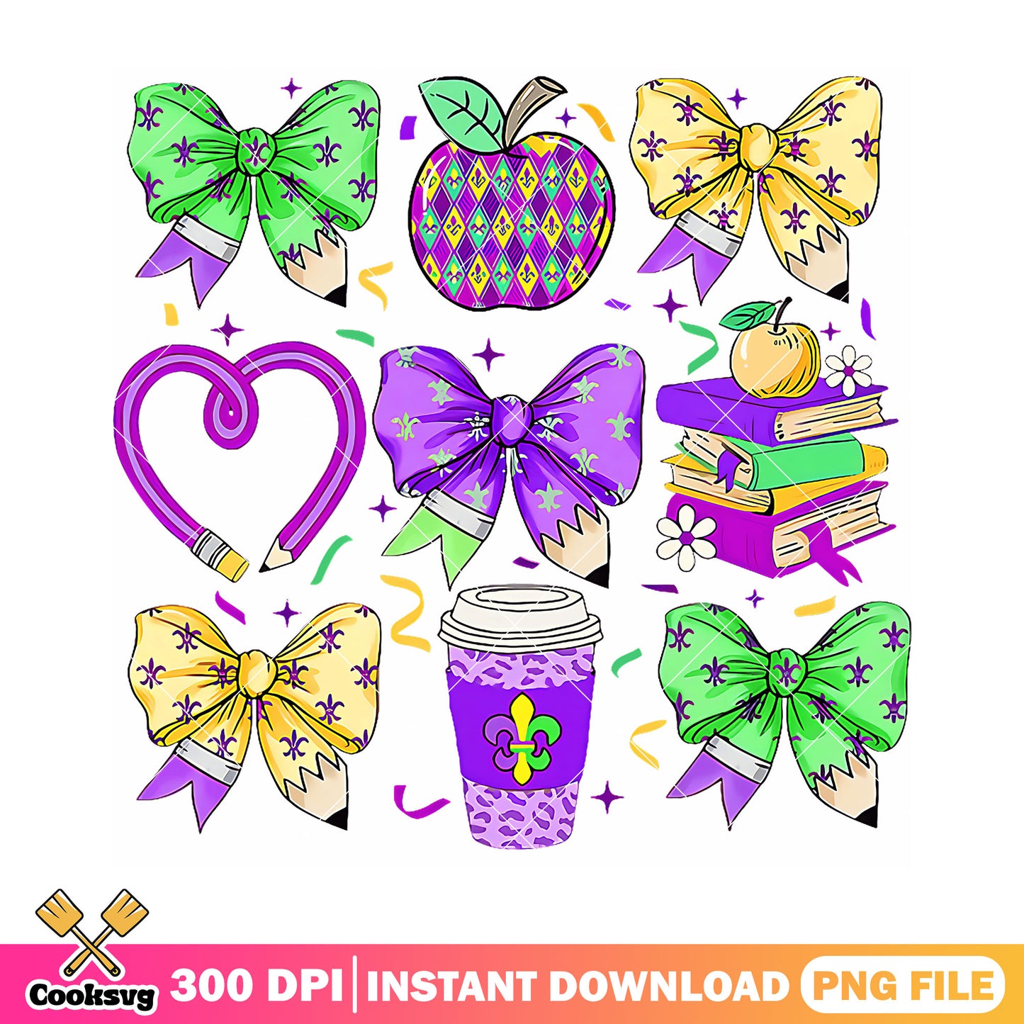 Love items design png, back to school supplies png, colors bow png