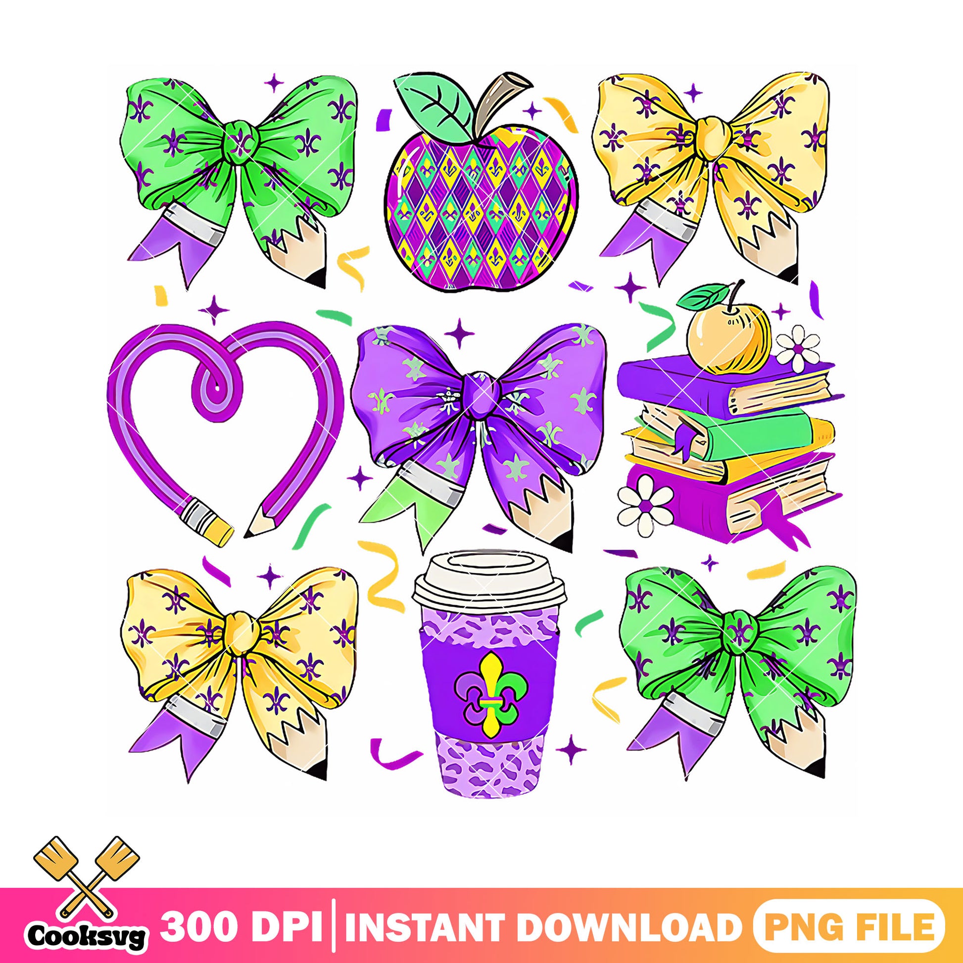 Love items design png, back to school supplies png, colors bow png