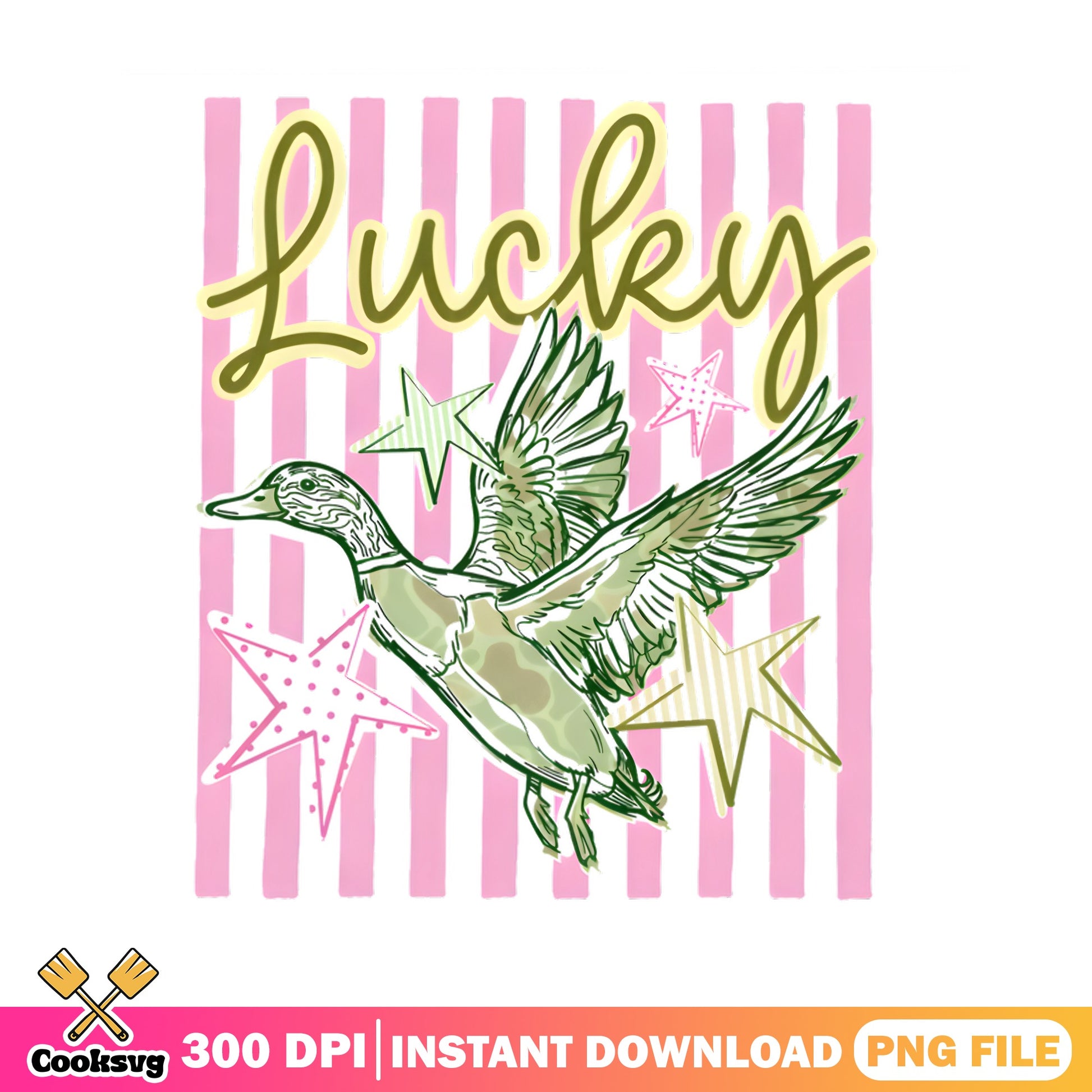 Lucky Duck PNG, Flying Duck Stars Pink Stripe, Duck Hunting PNG