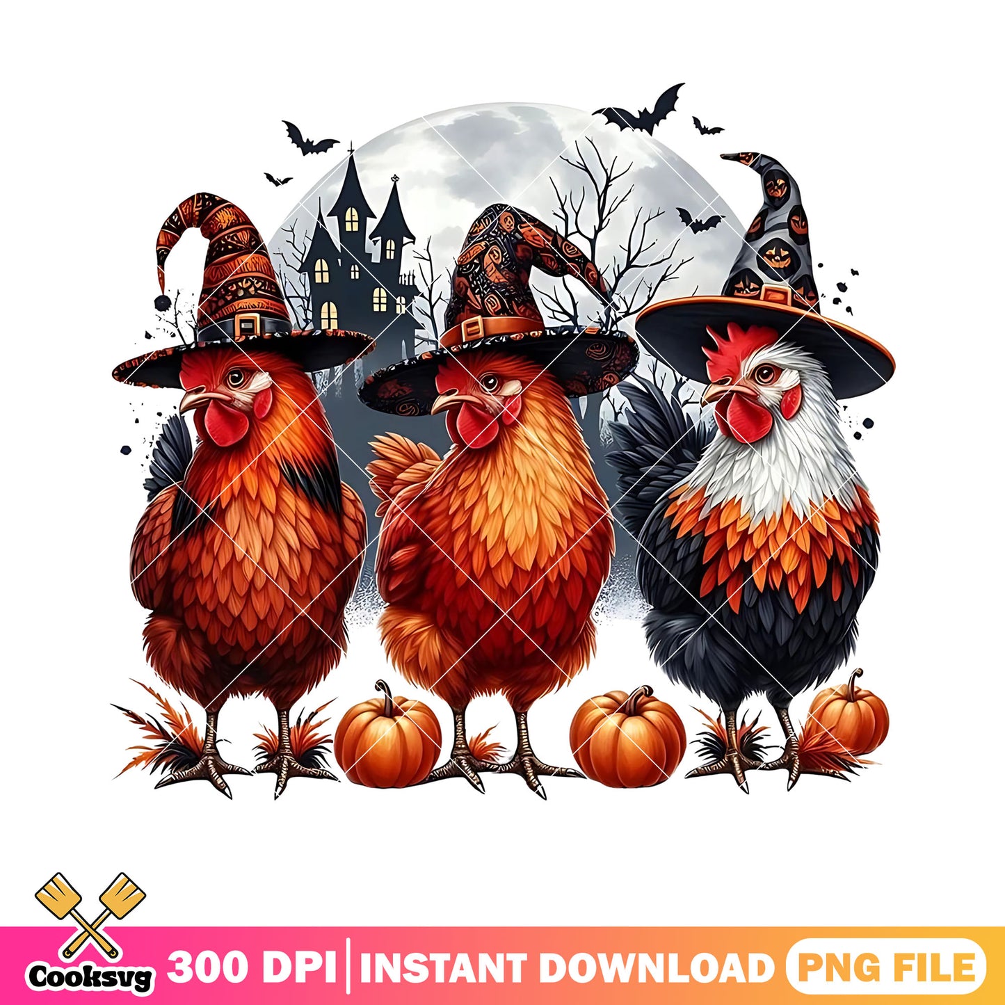 Mage chicken trio png, spooky castle png, scary halloween night png