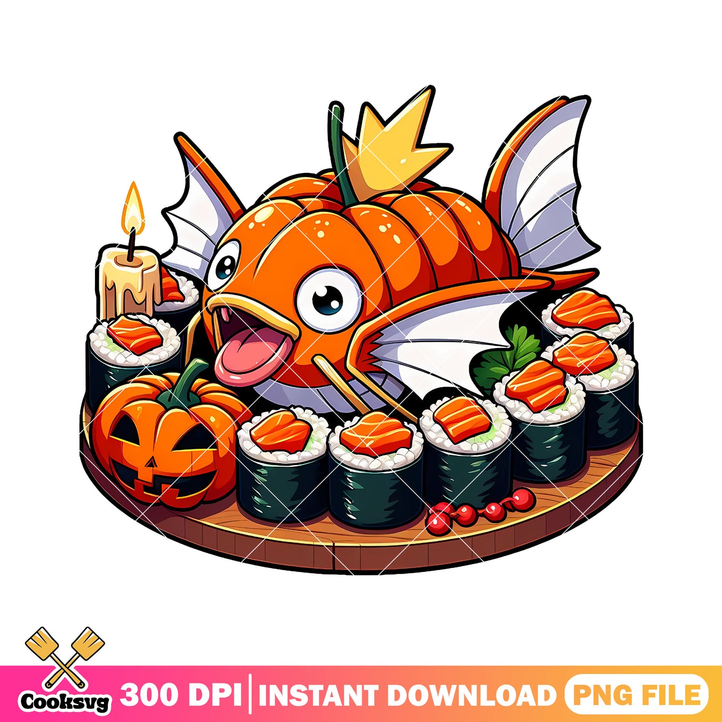 Magikarp pumpkin sushi png, halloween decor png, kokemon movie png