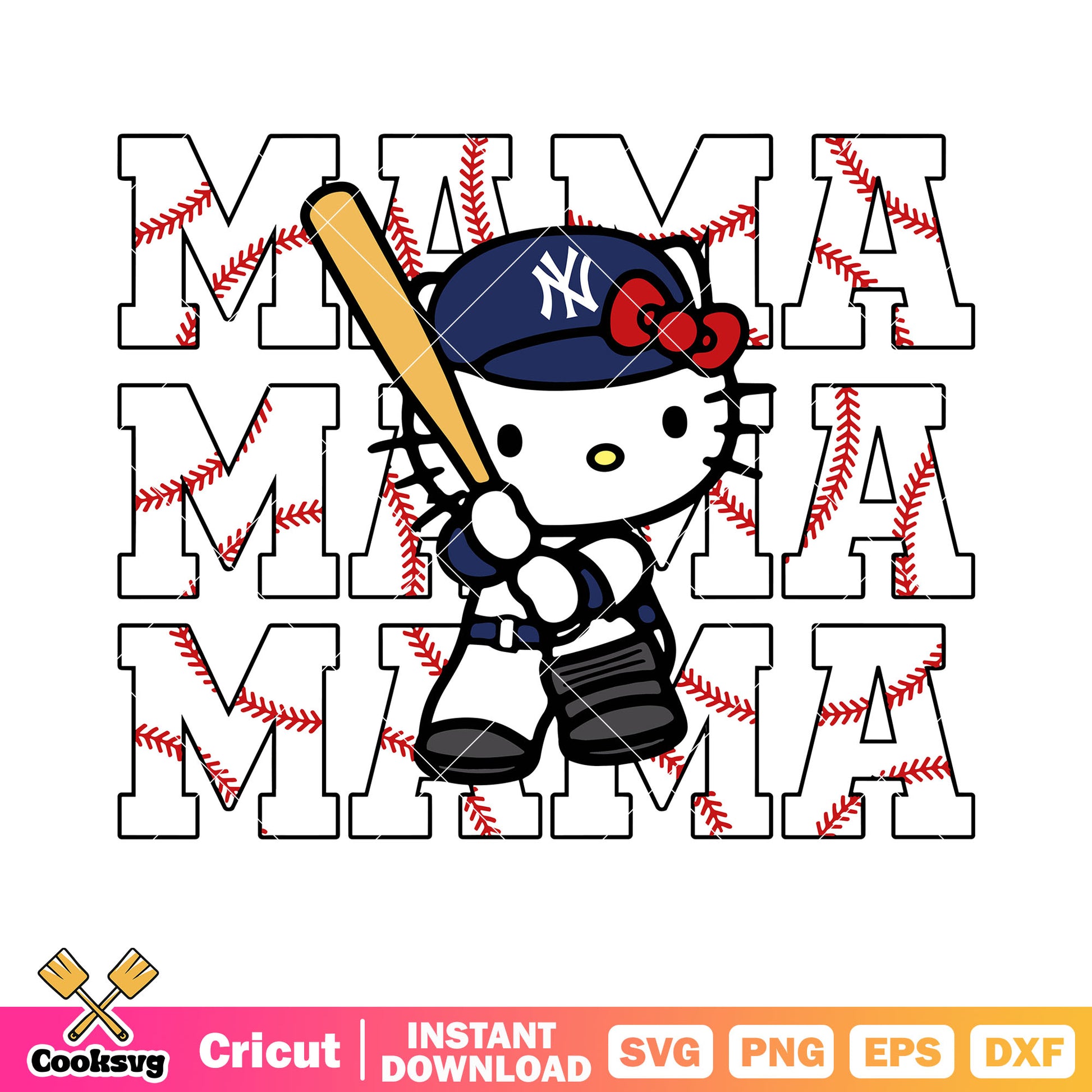 Mama baseball svg, New York Yankees svg, hello kitty svg
