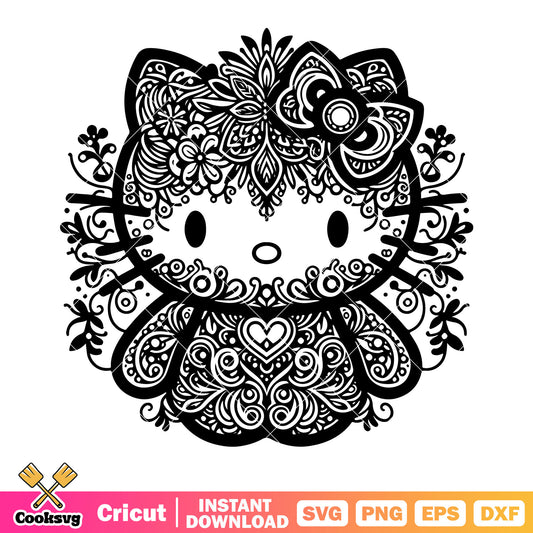 Mandala Hello kitty svg, black and white art  svg, doodle art​ svg