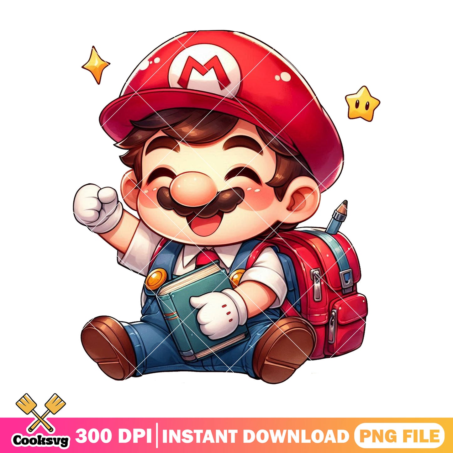 Mario cute design png, welcome back to school png, mario happy png
