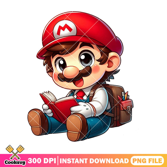Mario reading book png, back to school clothes png, mario cartoon png
